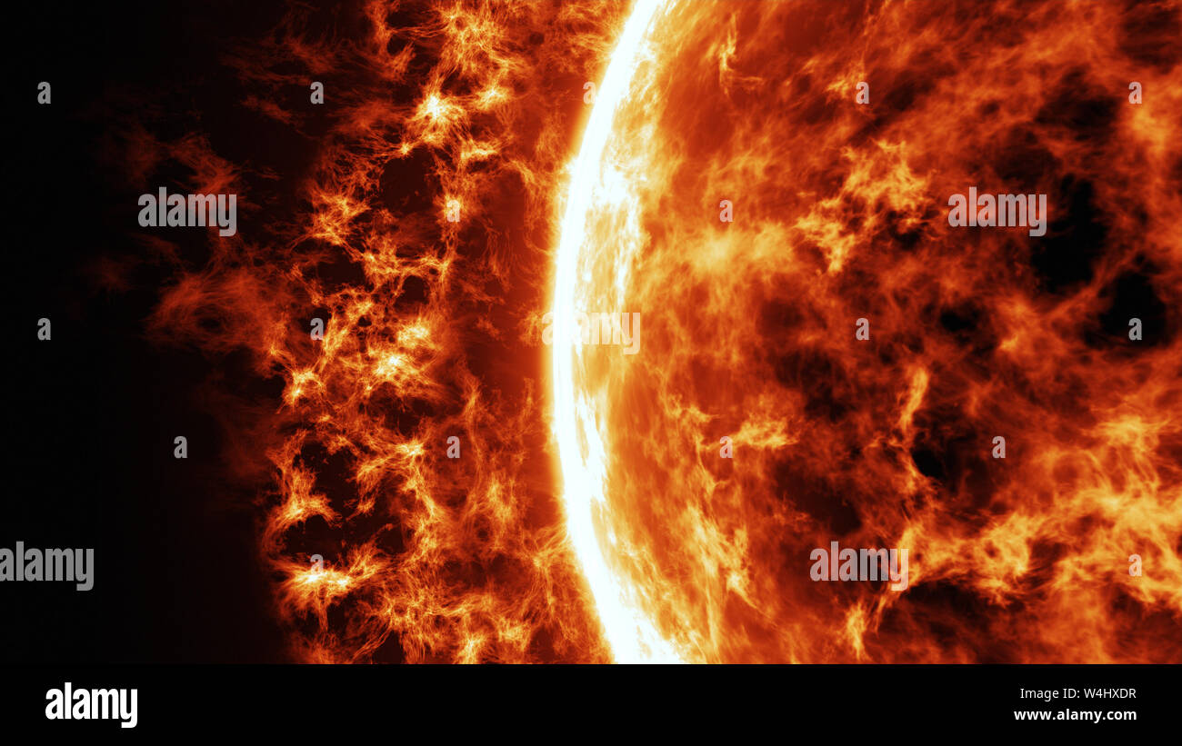 Sun surface with solar flares - close up. Abstract scientific background. 3d illustration. Stock Photo