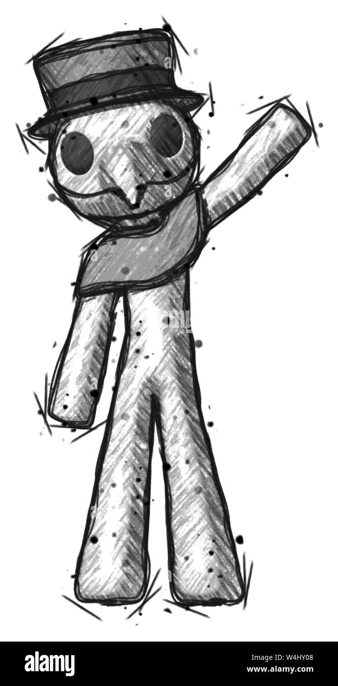 Sketch plague doctor man waving emphatically with left arm. Stock Photo