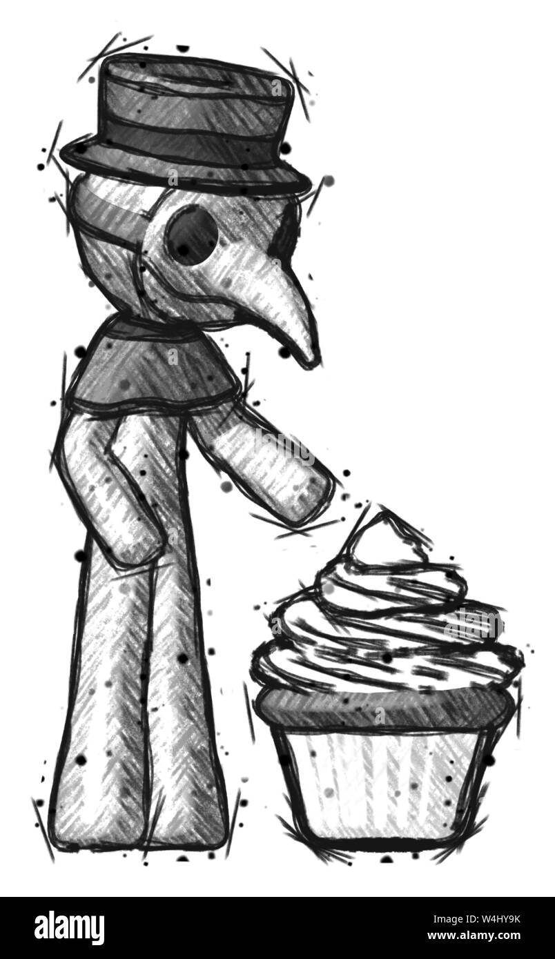 Sketch plague doctor man with giant cupcake dessert. Stock Photo