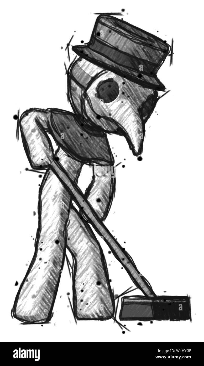 Sketch plague doctor man cleaning services janitor sweeping floor side ...