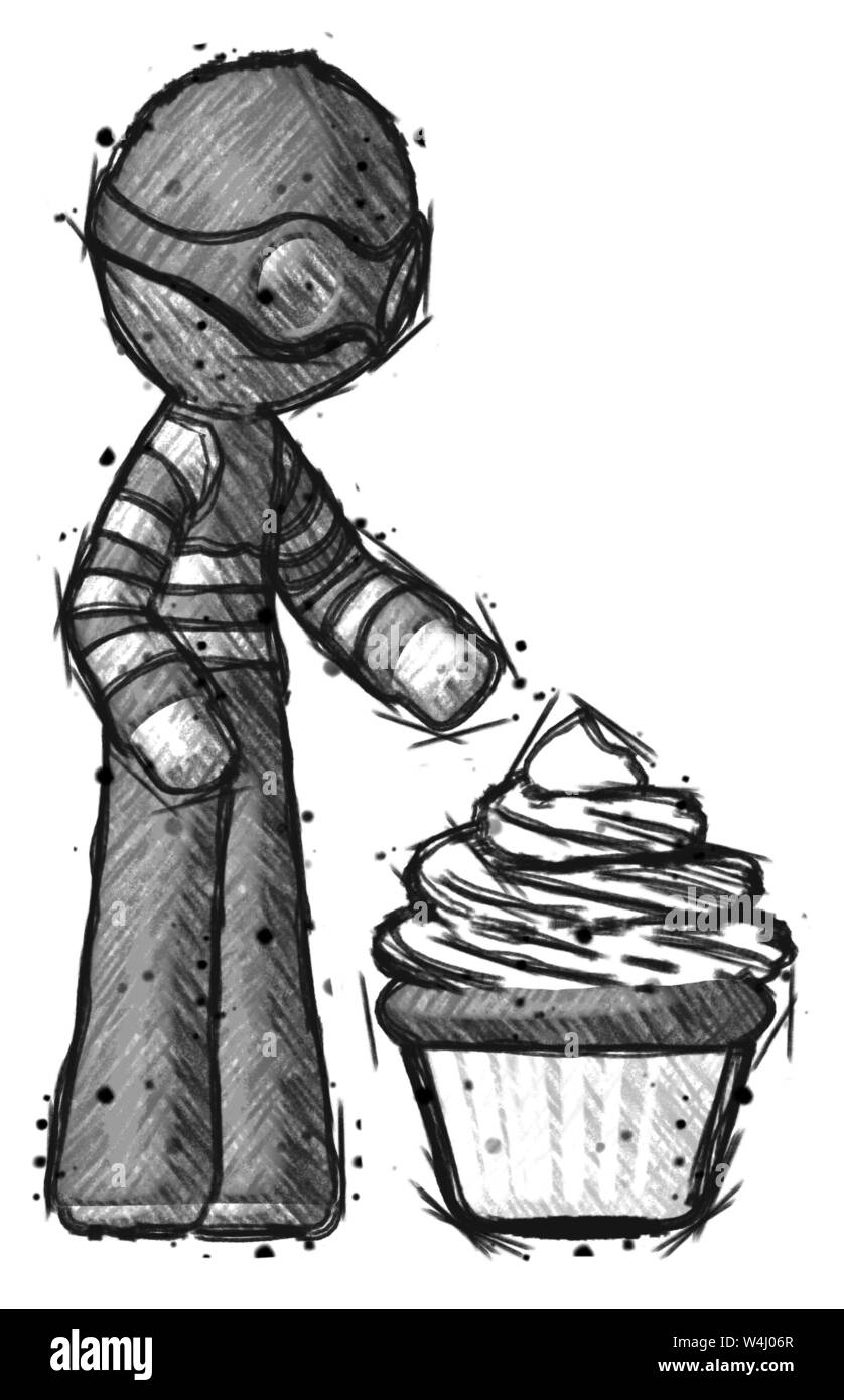 Sketch thief man with giant cupcake dessert. Stock Photo