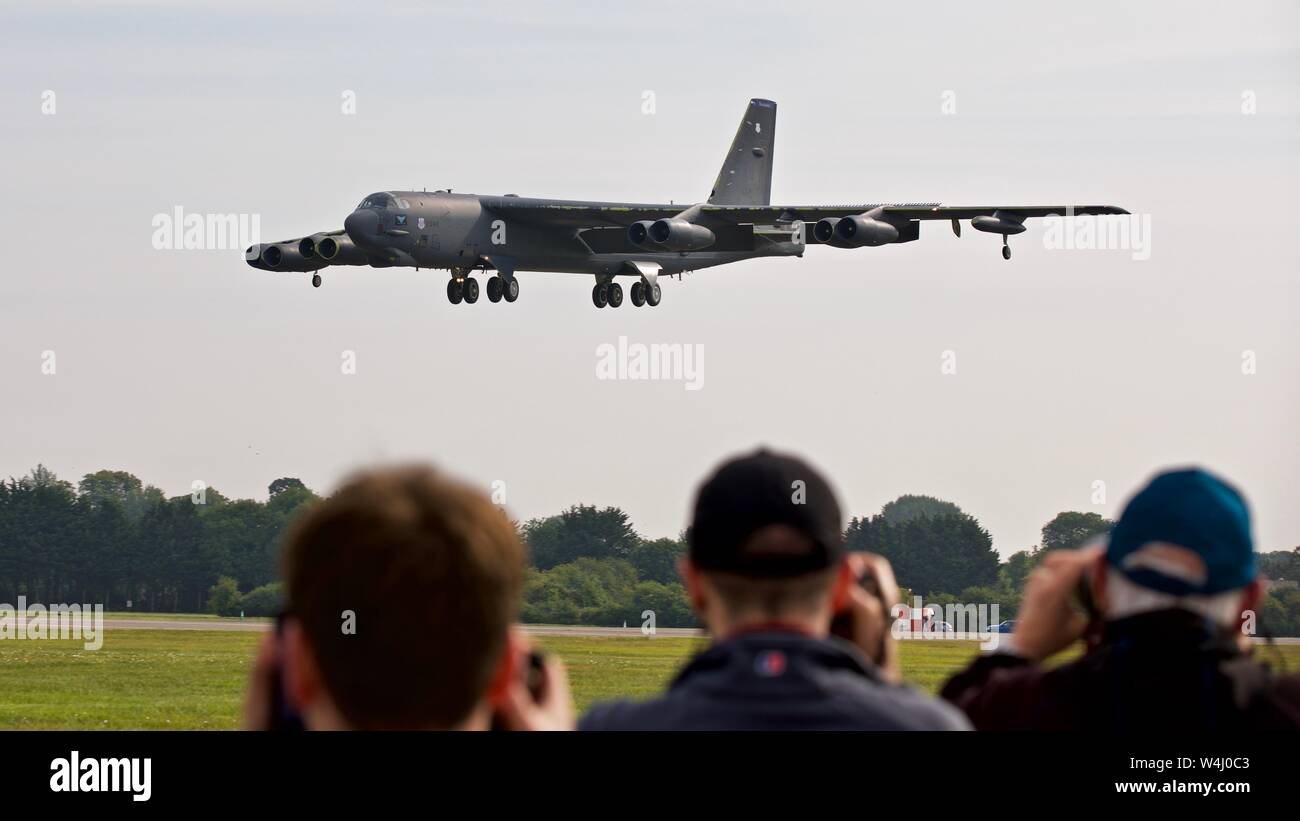 Boeing B-52 Stratofortress arriving at RAF Fairford for the 2019 Royal International Air Tattoo Stock Photo