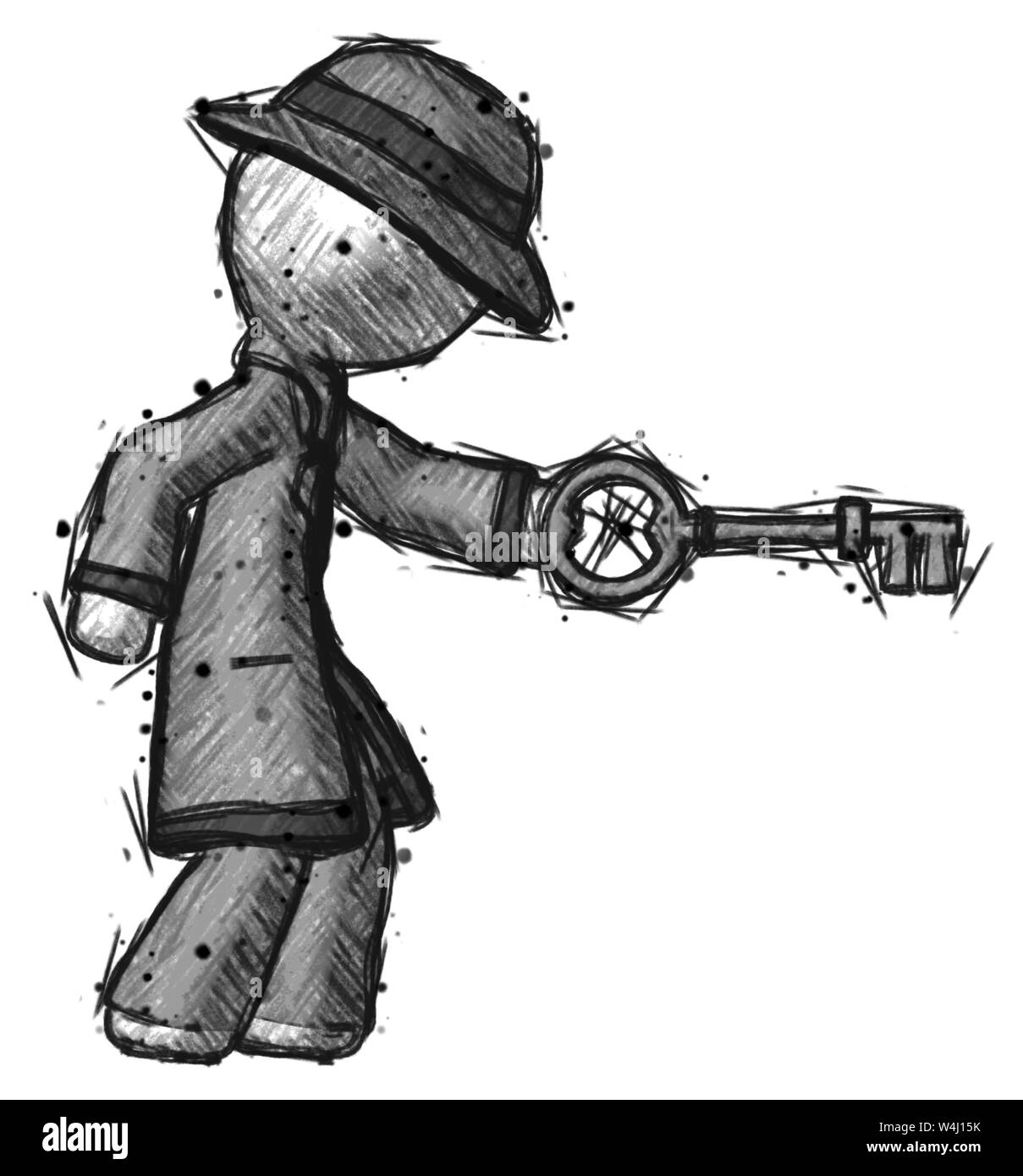 Sketch detective man with big key of gold opening something Stock Photo