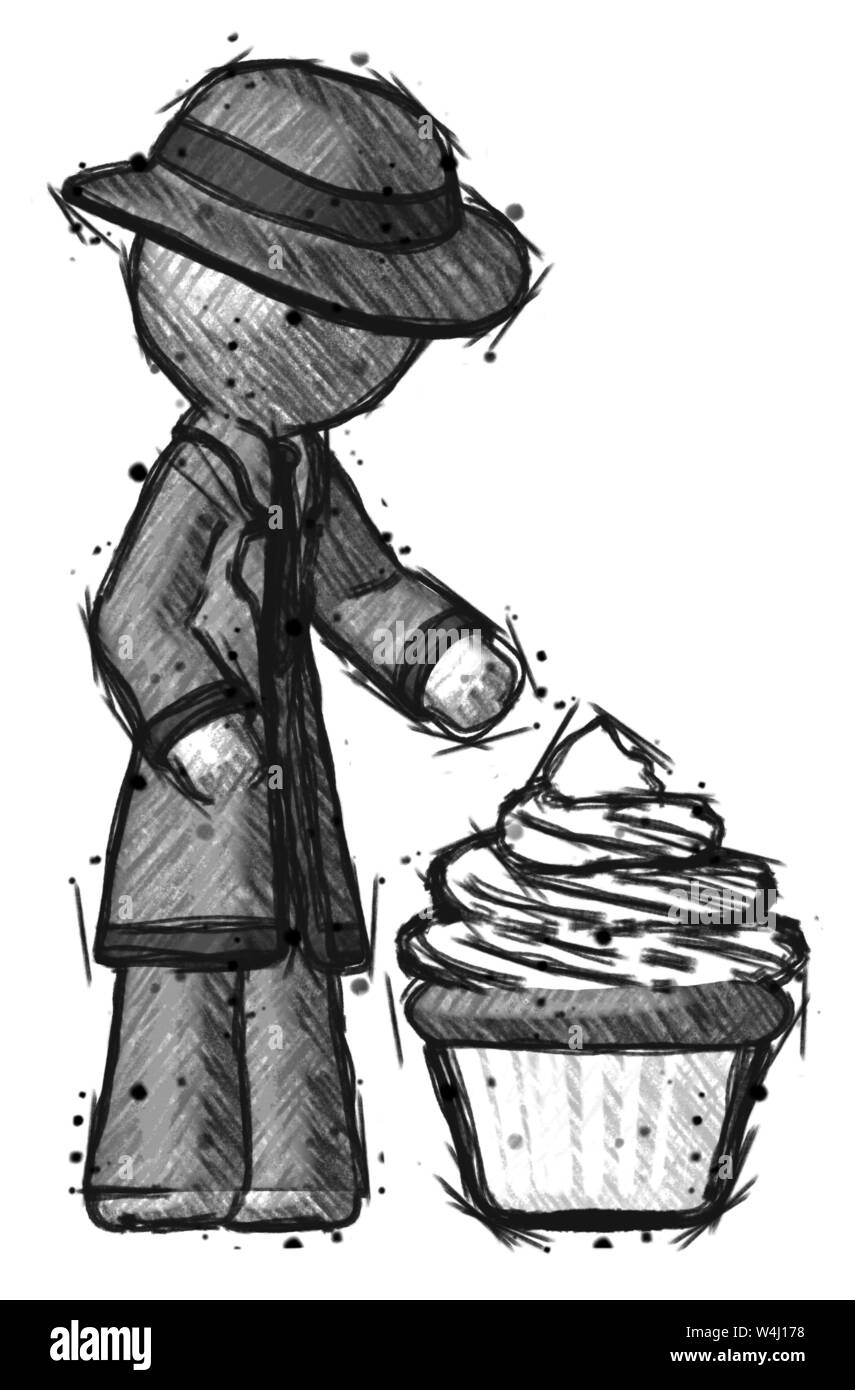 Sketch detective man with giant cupcake dessert. Stock Photo