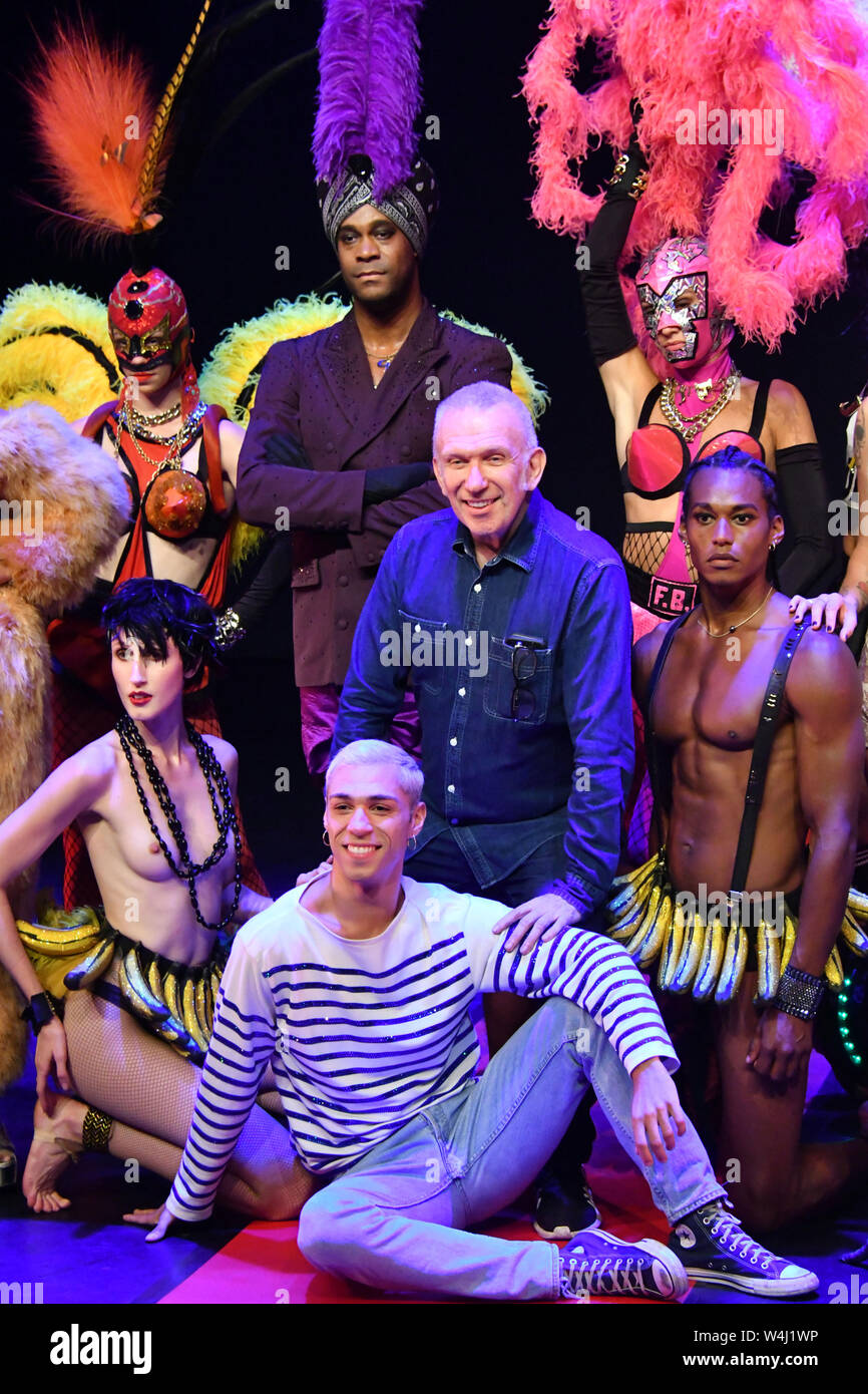 London, UK. 23rd July, 2019. Jean Paul Gaultier, flamboyant fashion  designer stages production 'somewhere between a revue and a fashion show'  based on his life story, capturing key moments including his time