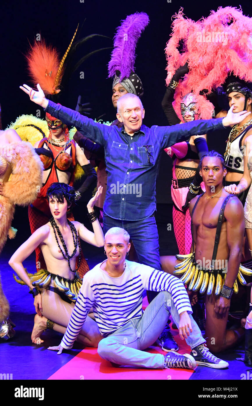 London, UK. 23rd July, 2019. Jean Paul Gaultier, flamboyant fashion  designer stages production 'somewhere between a revue and a fashion show'  based on his life story, capturing key moments including his time