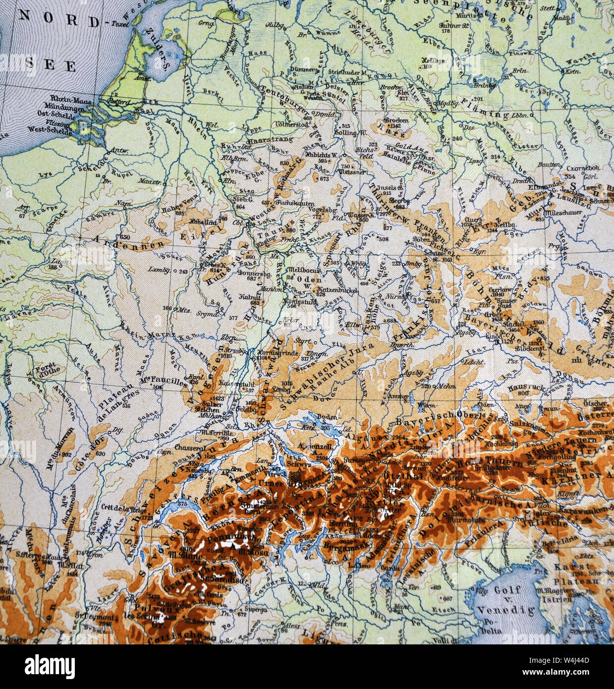 1900 Meyer Physical Map of Central Europe Stock Photo