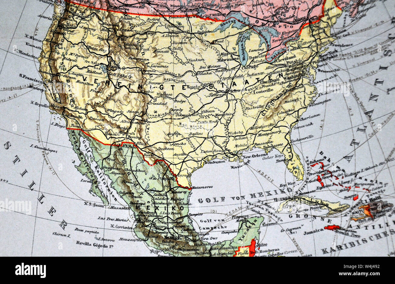 1900 Meyer Map of North America showing Canada, the United States, Mexico, Alaska and West Indies Stock Photo