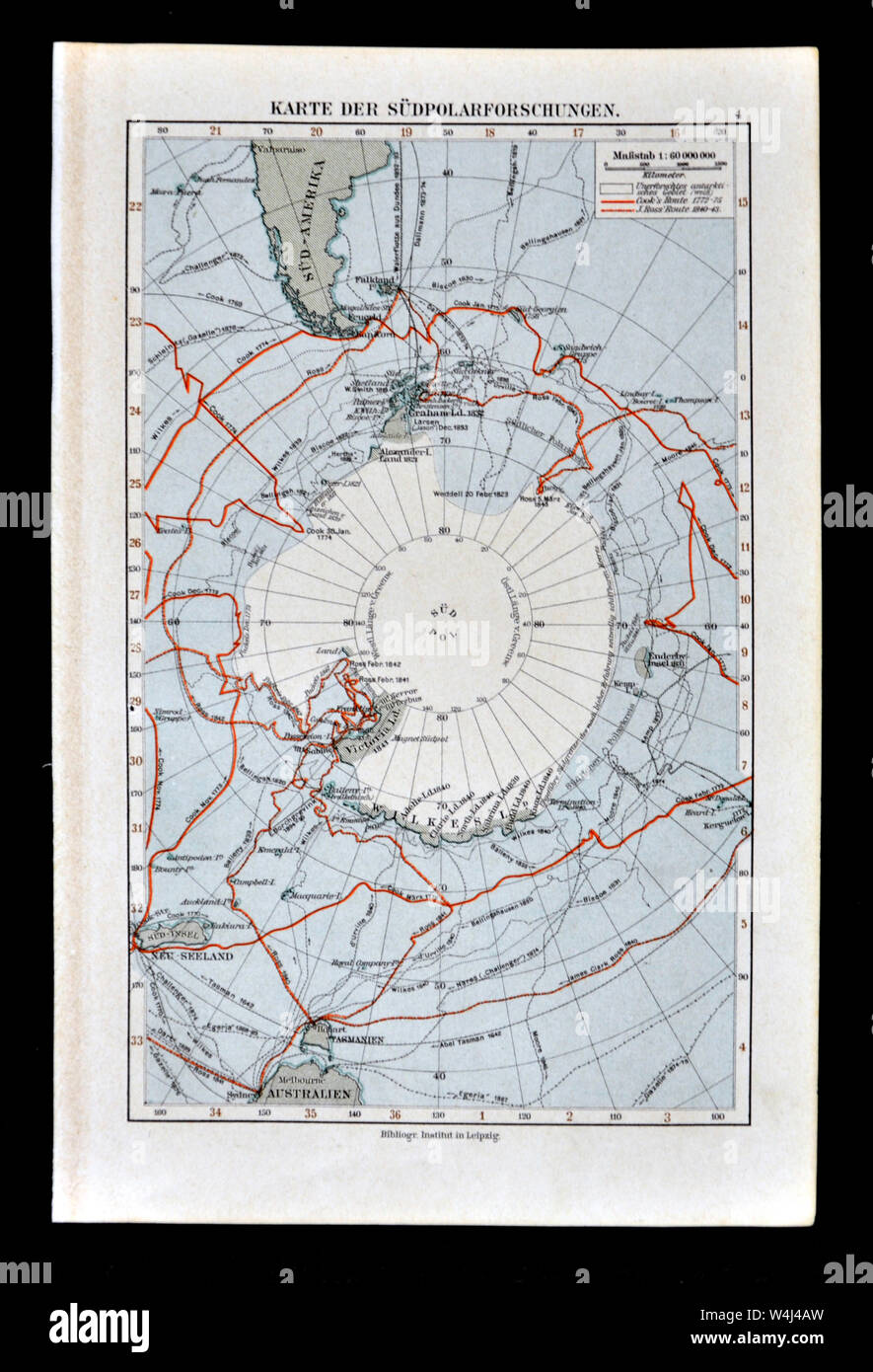 1900 Meyer Map of Antarctica Showing Early Exploration Routes Stock Photo