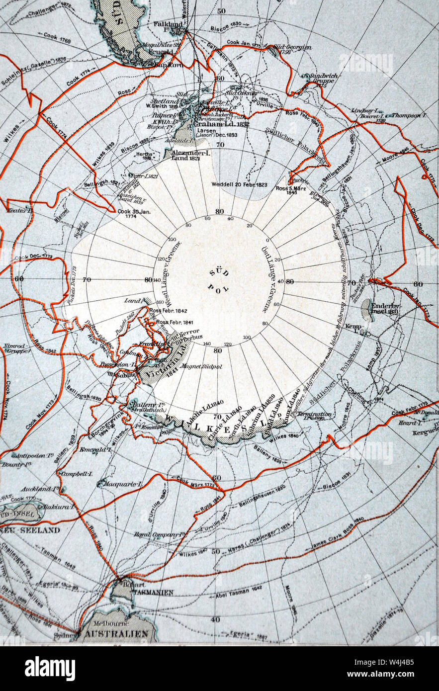 1900 Meyer Map of Antarctica Showing Early Exploration Routes Stock Photo
