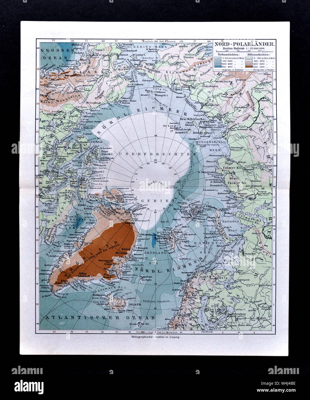 1900 Meyer Map of the North Pole Arctic Ocean showing Greenland Canada