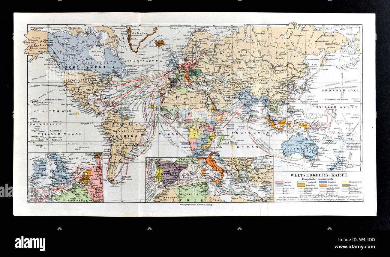 1900 Meyer World Map showing International Steamer Routes Stock Photo