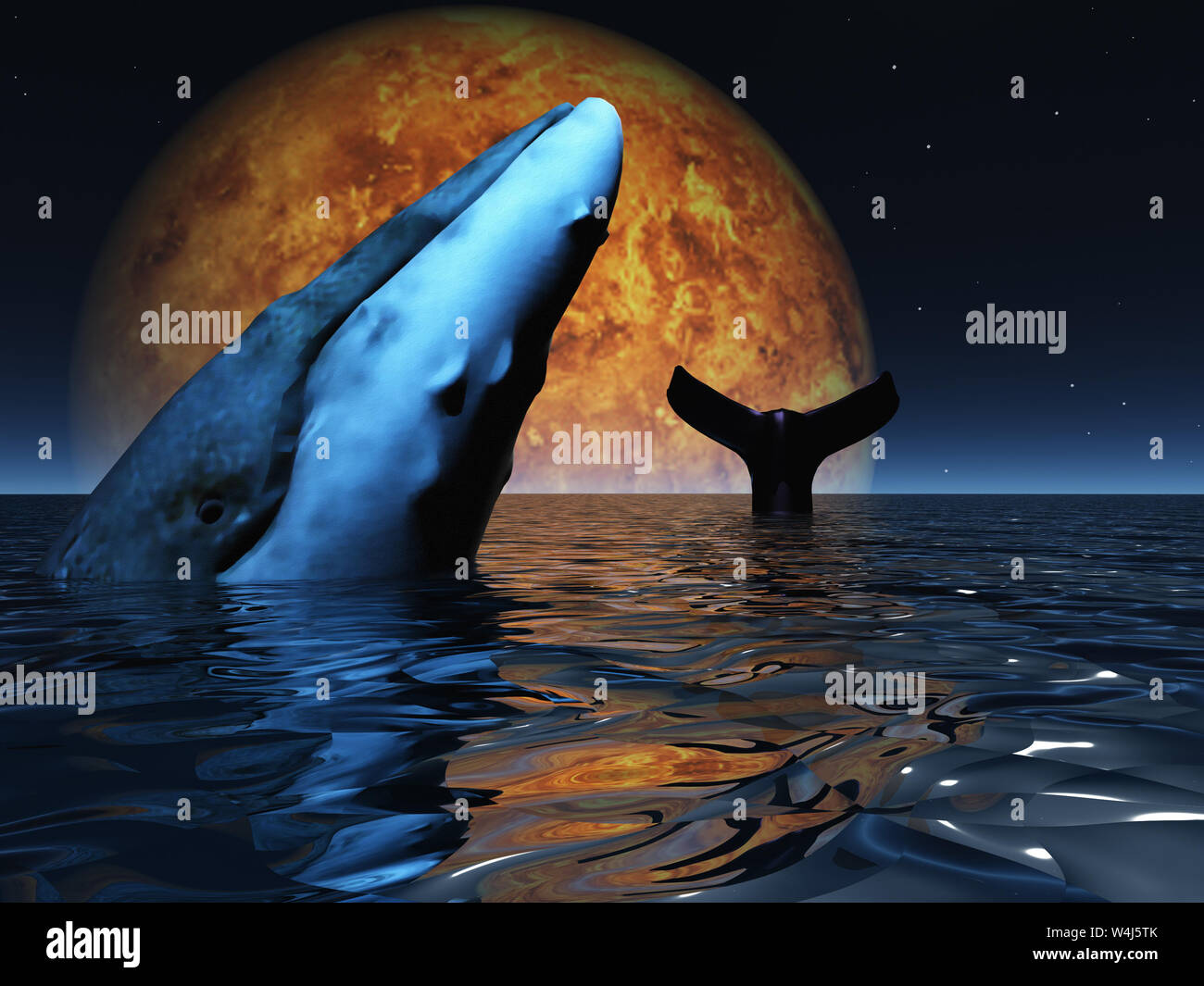 Sci fi digital art. Whale in exoplanet ocean Stock Photo
