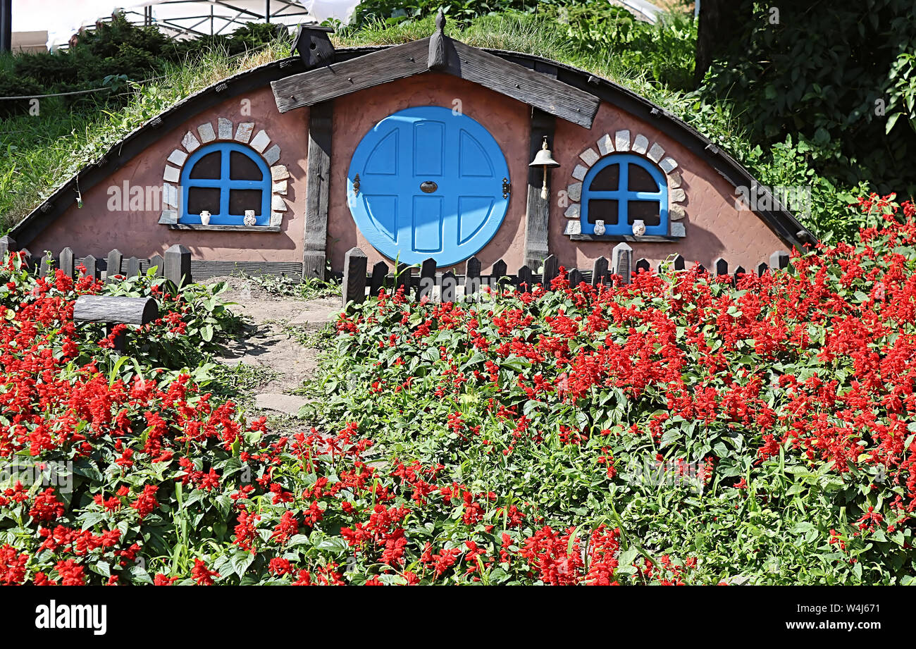 KYIV, UKRAINE-JULY 13, 2019: June 14- July 28 at Spivoche Pole flower exhibition under name 'Flower Hellas'. Hobbit house Stock Photo