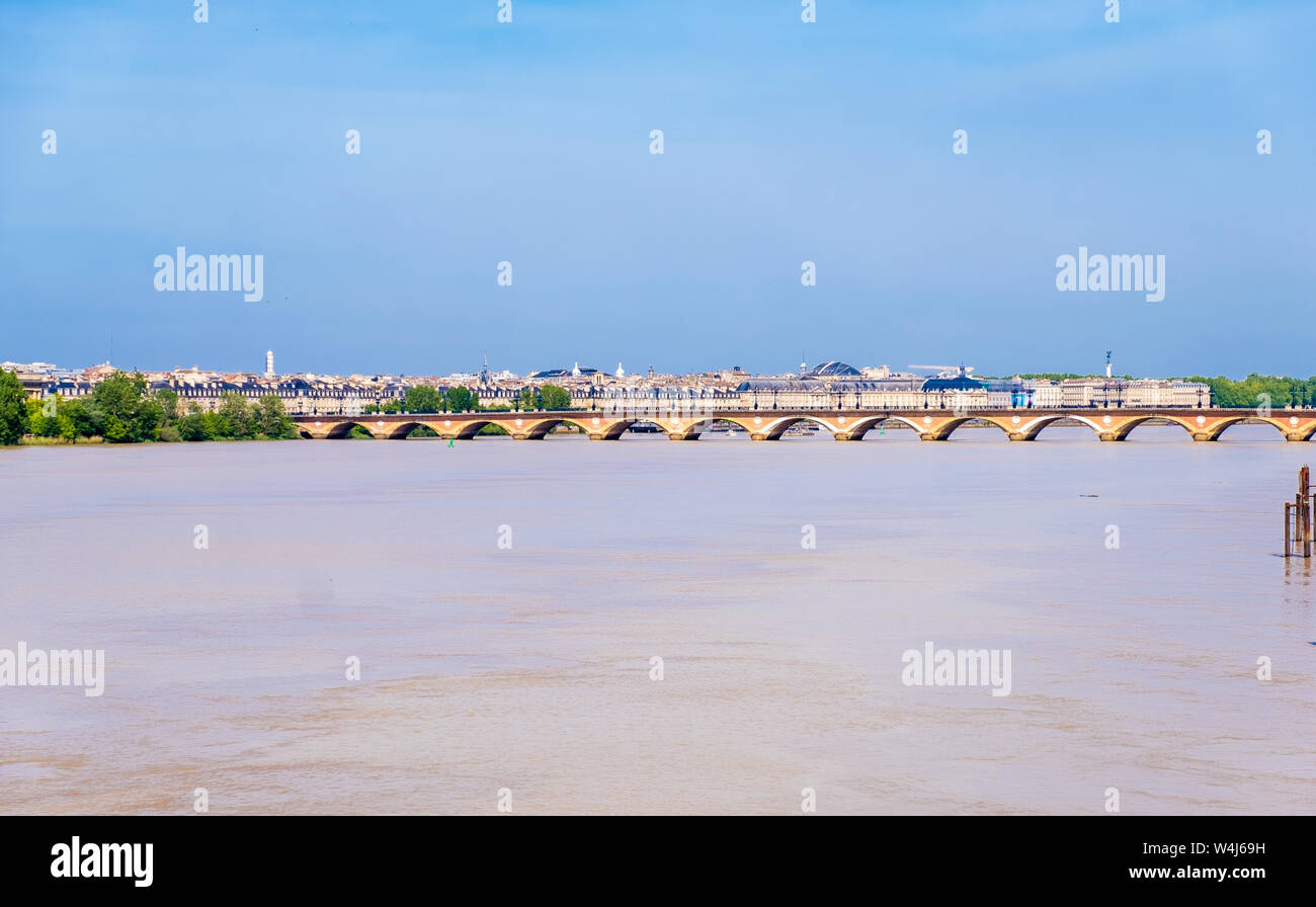 Bordeaux, France - May 6, 2019: View of the river Garonne and Pont de Pierre bridge, Bordeaux, France Stock Photo