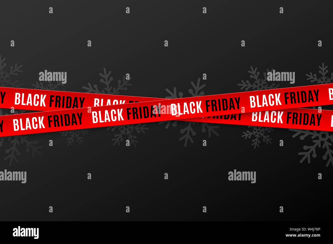 Red ribbons for black friday sale on black background. Crossed ribbons. Snowflakes background. Graphic elements. Vector illustration. EPS 10 Stock Vector