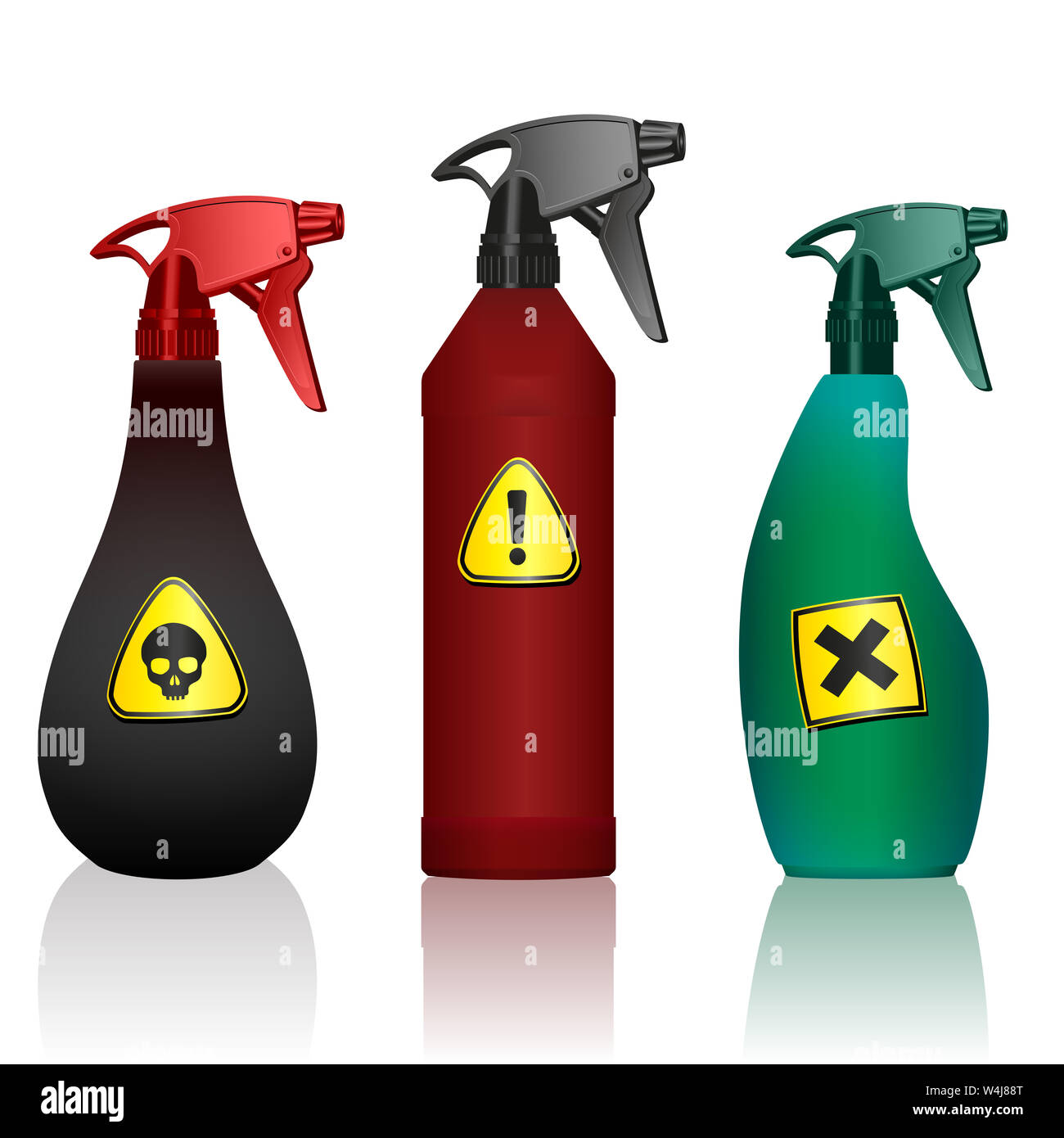 Poison spray bottles. Toxins, insecticides, pesticides, biocides with hazard warning signs. Caution poisonous,  on white background. Stock Photo
