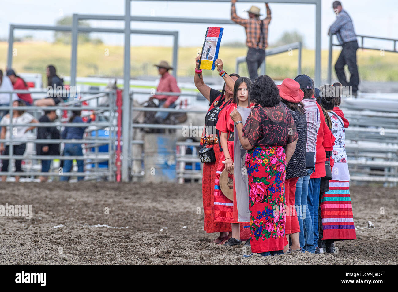 Moment of silence for the Missing and Murdered Indigenous Women and Girls at the Kainai Indian Rodeo in Standoff, Alberta Canada Stock Photo