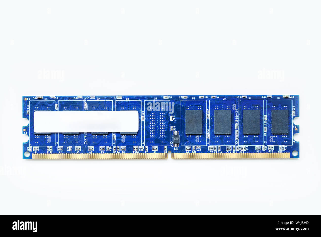 The blue memory slot is on a white background. Stock Photo