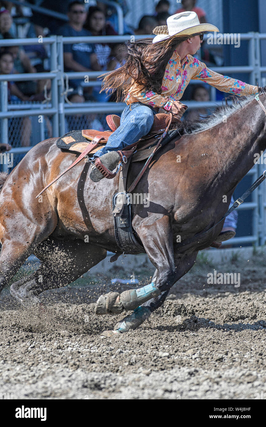 Barrel Racer at the Kainai Rodeo in Standoff, Alberta Canada Stock