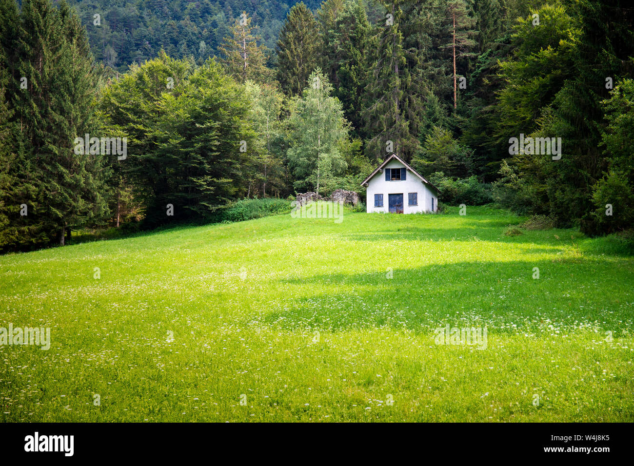 Green mountain sunny landscape with an isolated distant white cabin or barn across the meadow. Solitude and tranquillity background or wallpaper. Stock Photo