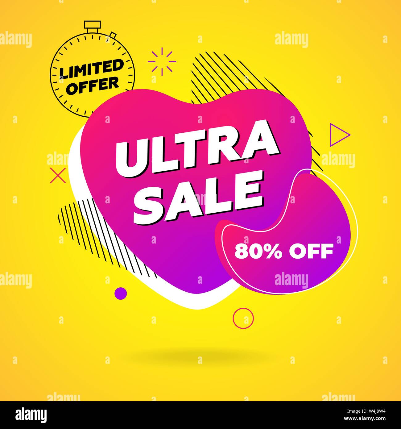 Ultra sale banner. 80 percent off template design on abstract liquid shape. Flat geometric gradient colored graphic element in heart fluid form on Stock Vector