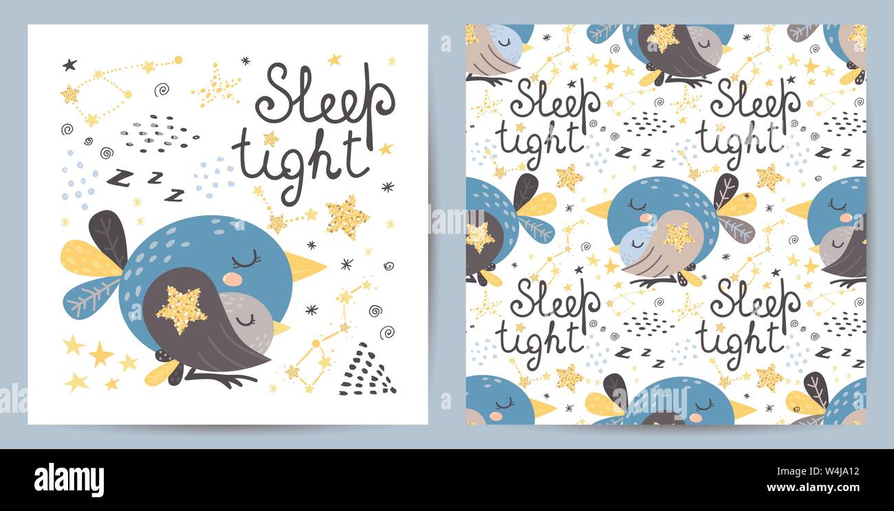 Set of seamless pattern and card with cute bird. Vector illustration ...