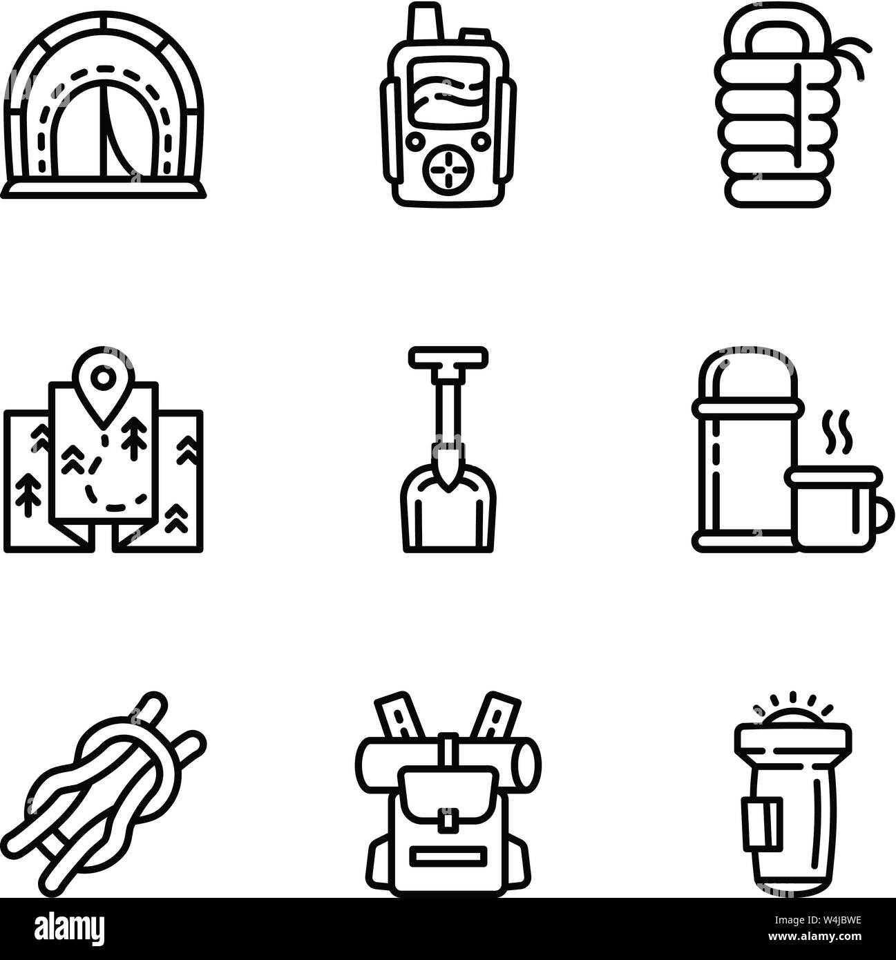 Camping equipment icon set. Outline set of 9 camping equipment vector