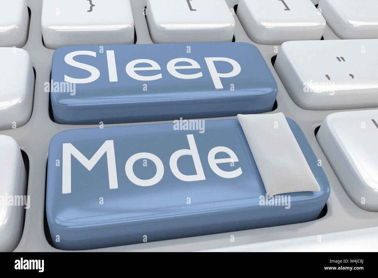 3D illustration of computer keyboard with the script Sleep Mode on two buttons, and a pillow on one of these buttons. Stock Photo