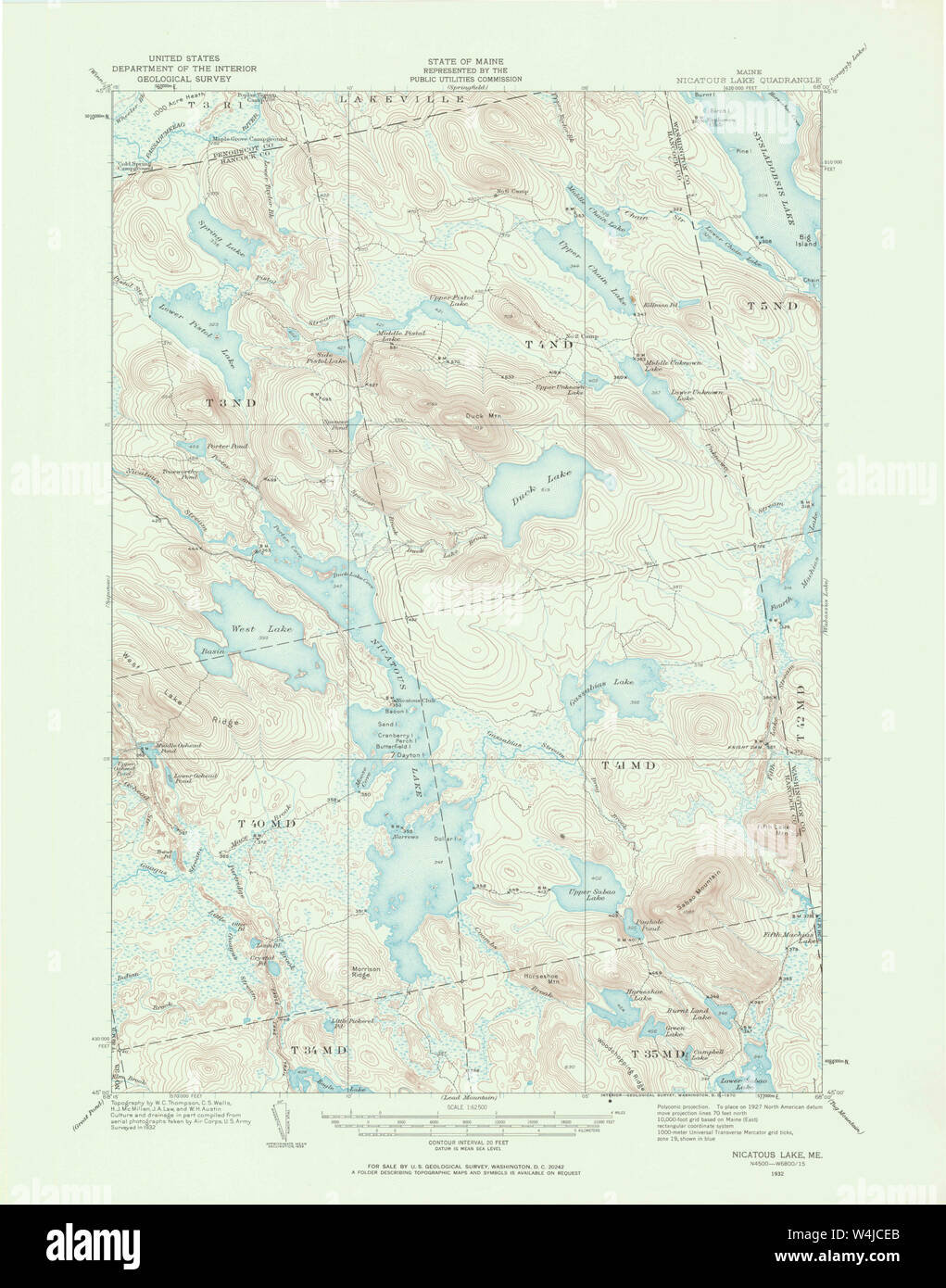 Maine USGS Historical Map Nicatous Lake 306682 1932 62500 Restoration