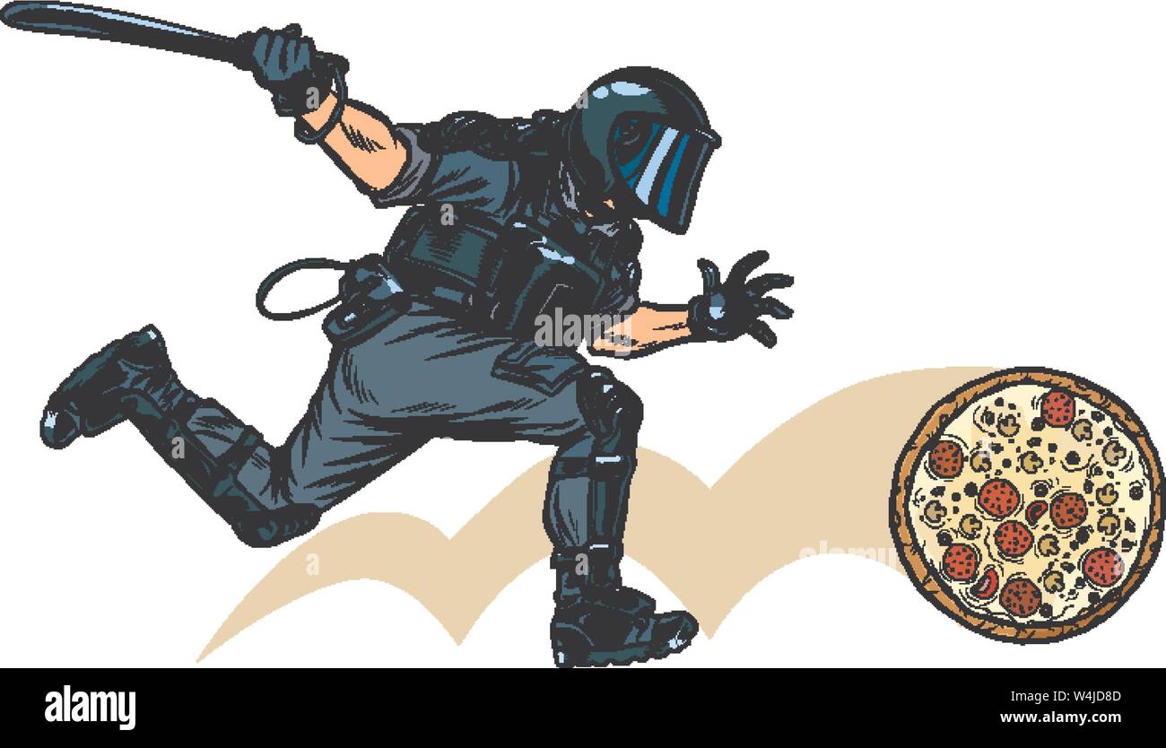 Italian pizza. riot police with a baton Stock Vector