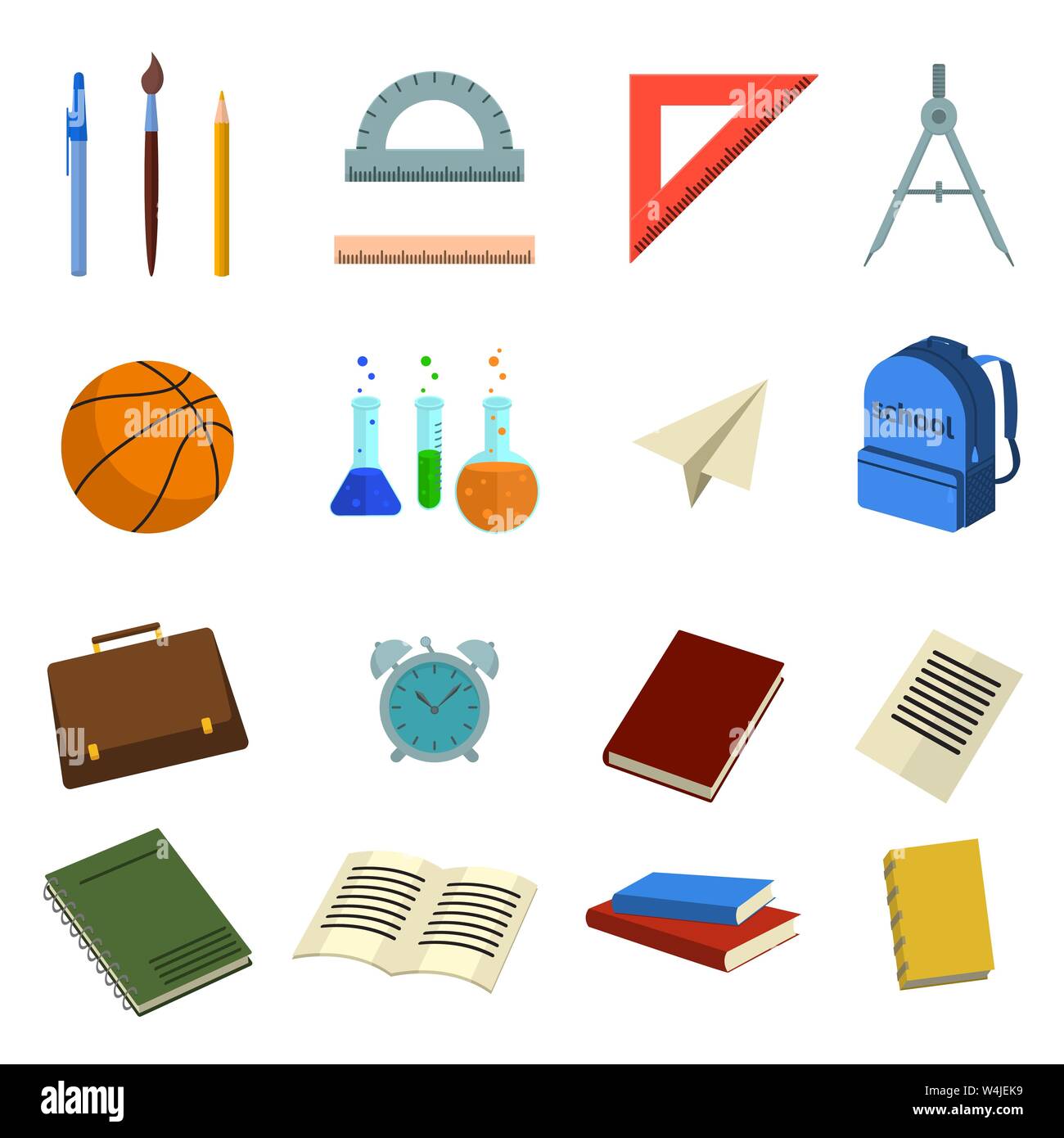 set of icons with school elements on return to school the first of september in flat style in color. Vector illustration Stock Vector