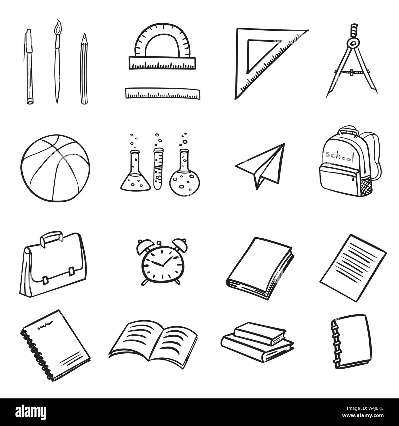 set of icons with school elements on return to school the first of september in doodle hand drawing style isolated on white background. Vector illustr Stock Vector