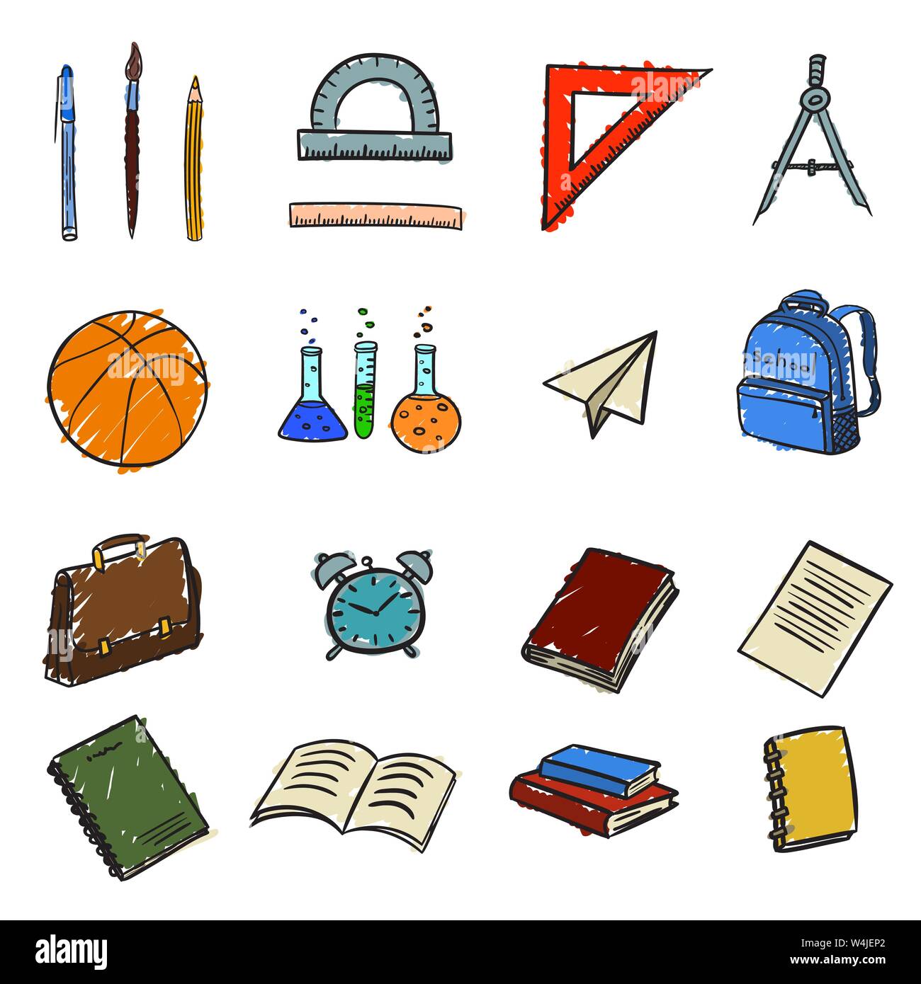 set of icons with school elements on return to school the first of september in doodle hand drawing style in color. Vector illustration Stock Vector