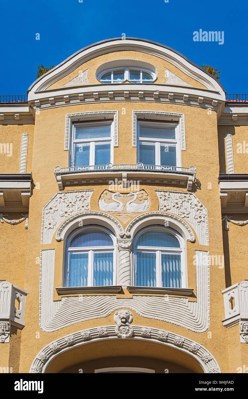 Oriel on facade, Art Nouveau facade, residential building, Schwabing, Munich, Upper Bavaria, Bavaria, Germany Stock Photo
