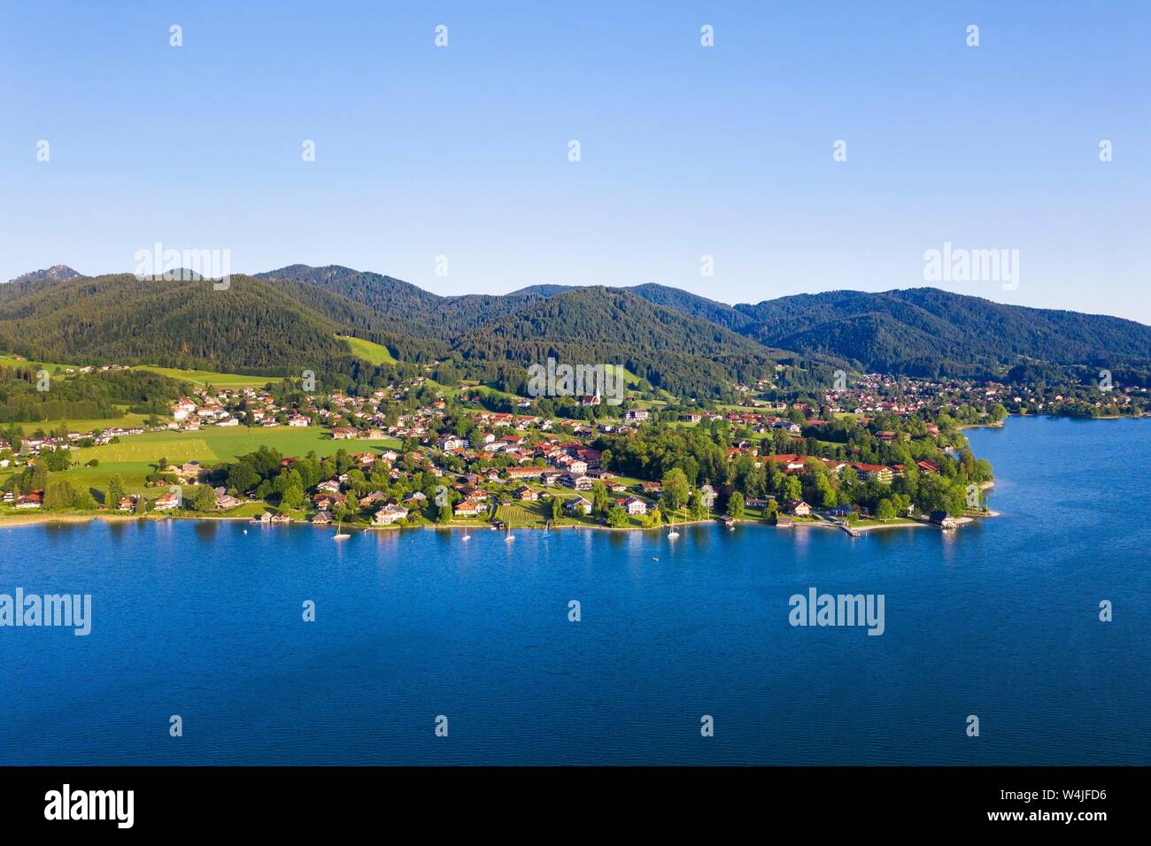 Angling near Bad Wiessee, Lake Tegernsee, drone shot, Upper Bavaria, Bavaria, Germany Stock Photo