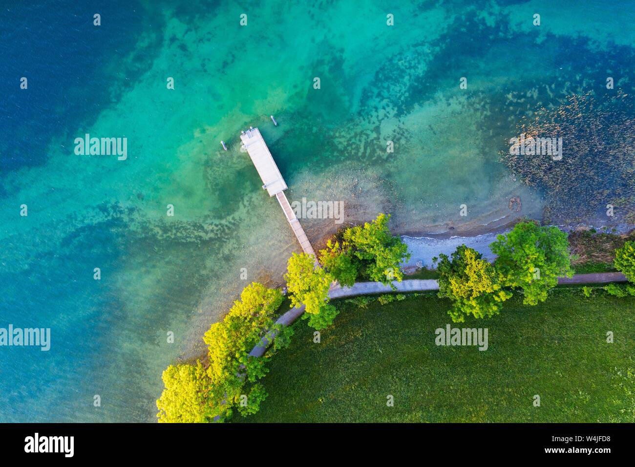 Kaltenbrunn jetty, Lake Tegernsee, drone shot, Upper Bavaria, Bavaria, Germany Stock Photo