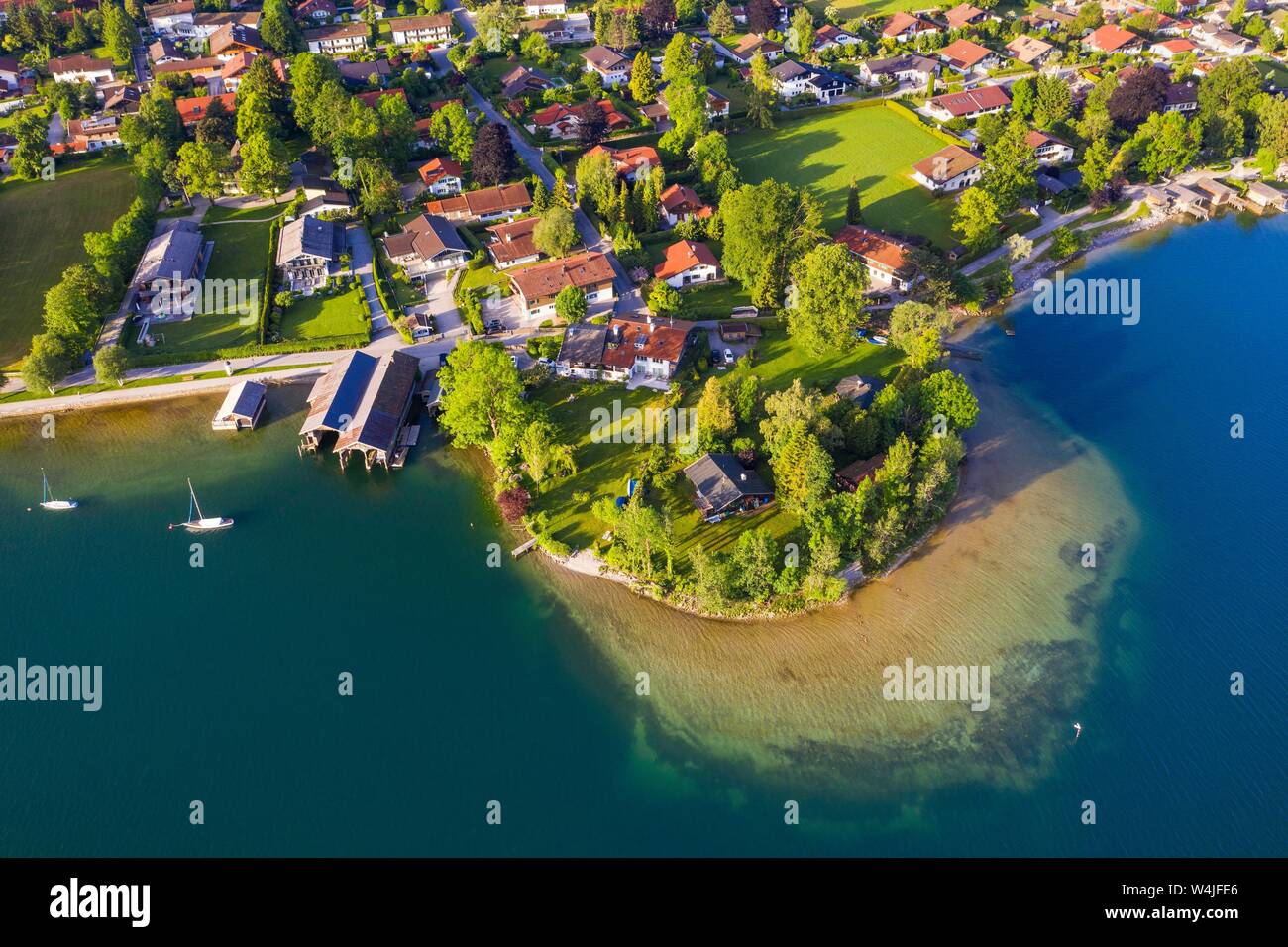 Rottach-Egern, districts of Schorn and Egern, Lake Tegernsee, drone shot, Upper Bavaria, Bavaria, Germany Stock Photo