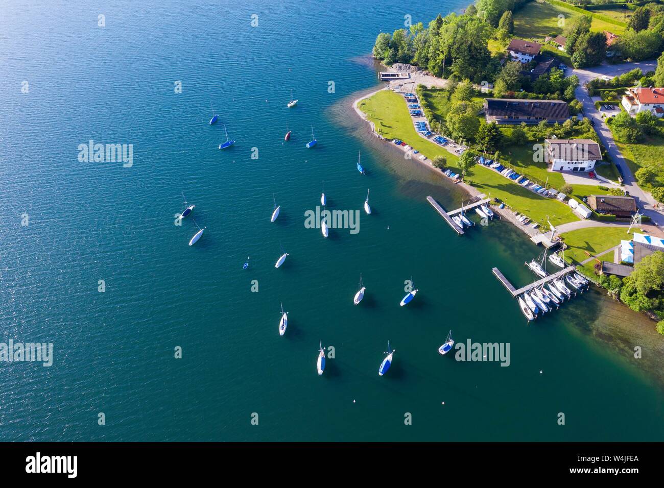 Yacht harbour Bad Wiessee, Lake Tegernsee, drone shot, Upper Bavaria, Bavaria, Germany Stock Photo