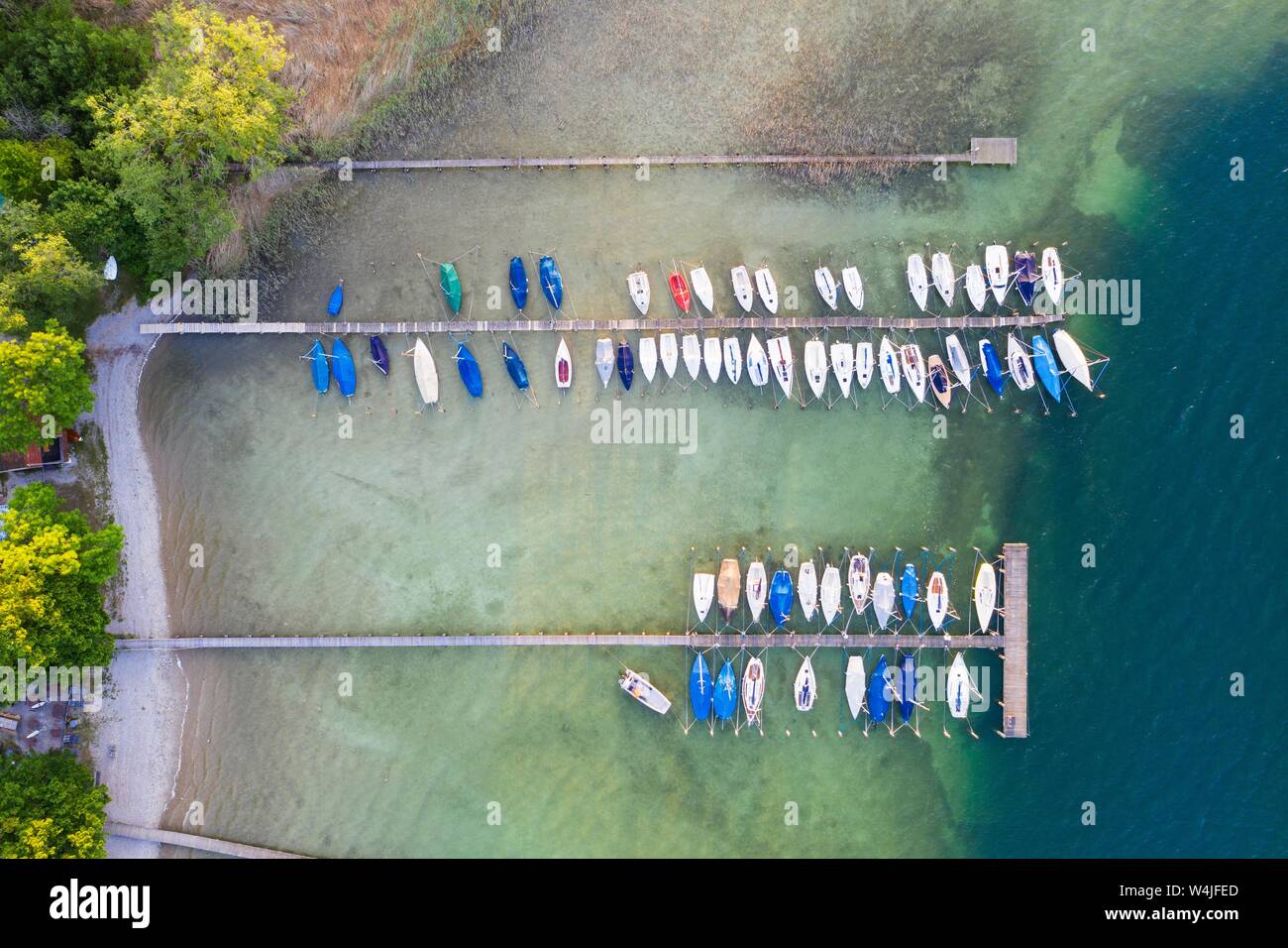 Boat pontoons near Gmund, Lake Tegernsee, drone shot, Upper Bavaria, Bavaria, Germany Stock Photo