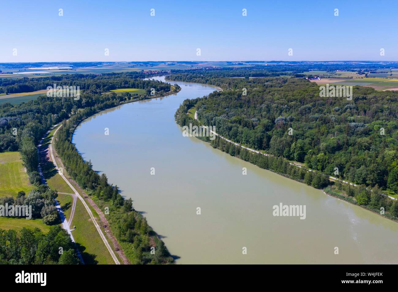 Isar near Aholming, Niederporing and Oberporing at the back, drone shot, Lower Bavaria, Bavaria, Germany Stock Photo