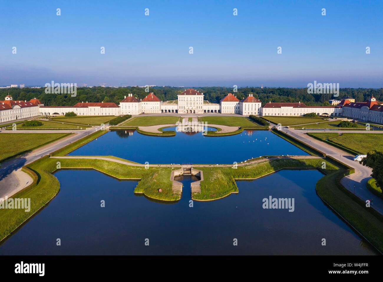 Castle Nymphenburg with castle park, view from east, aerial view, Munich, Upper Bavaria, Bavaria, Germany Stock Photo