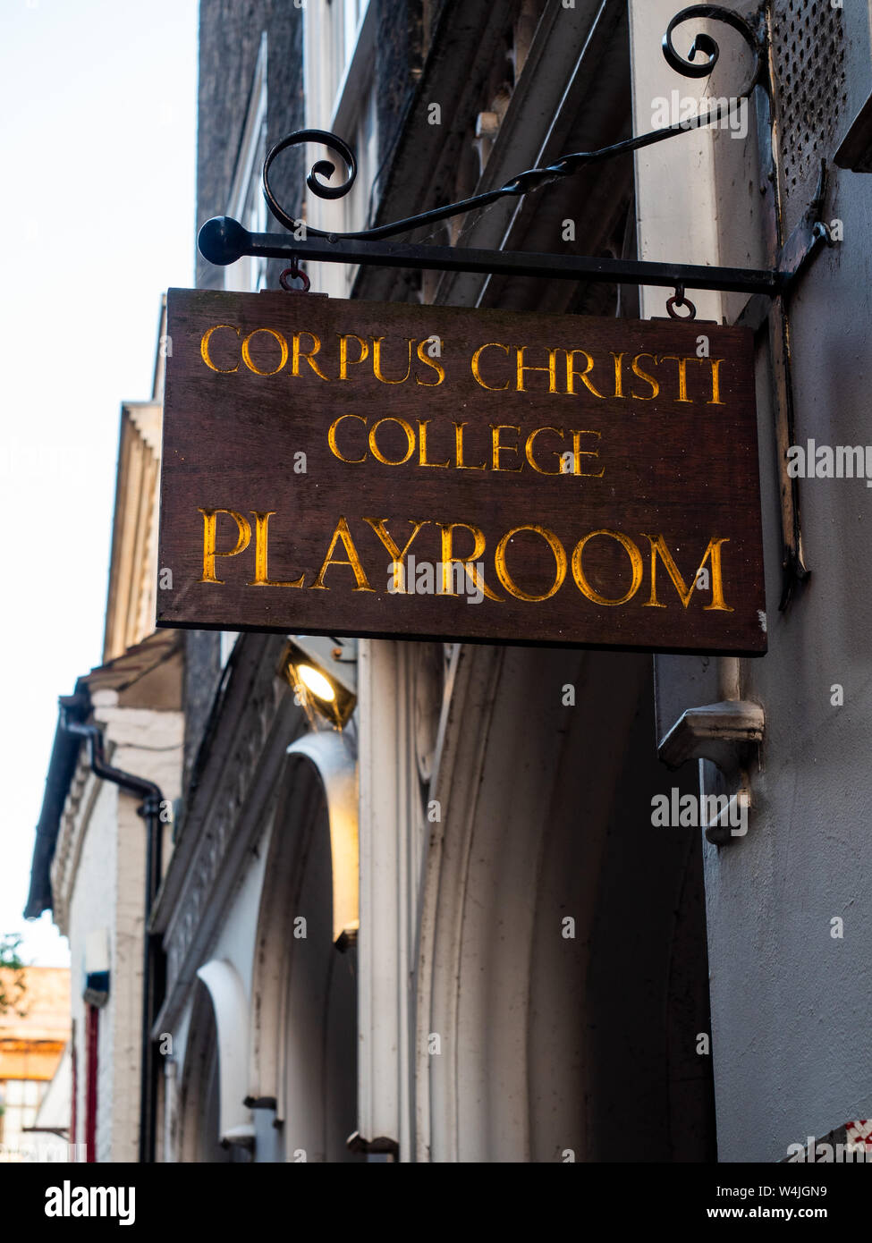 The hanging sign outside Corpus Christi College Playroom, Cambridge. The smaller of the two university theatres in Cambridge. Stock Photo