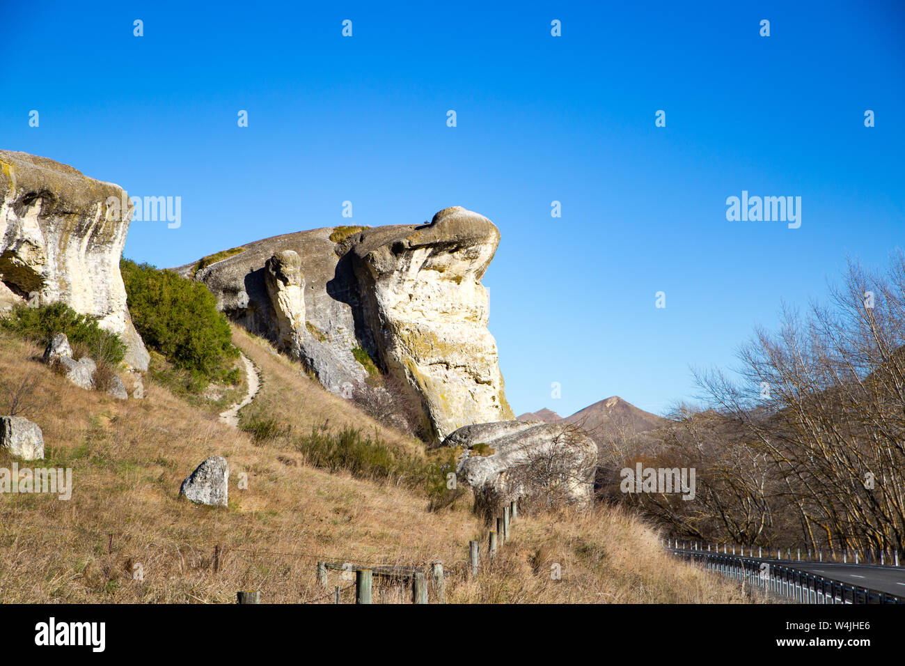 Frog Rock is a famous limestone outcrop along the Weka Pass Railway that sits above the highway through North Canterbury, New Zealand Stock Photo