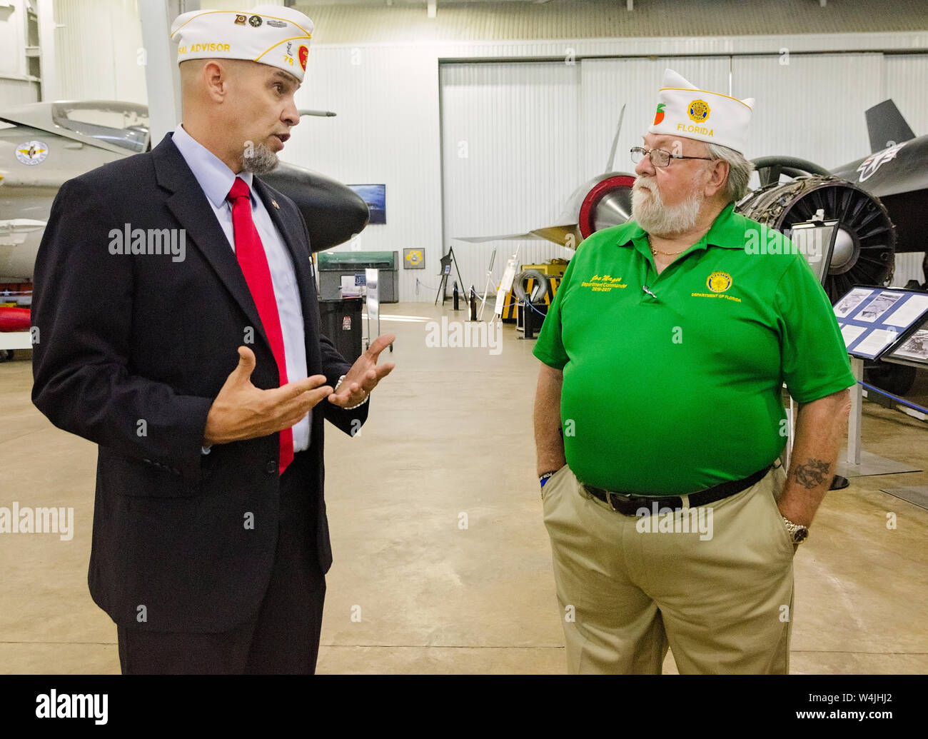 Department of Alabama District 33 Commander Matt Gaffe  talks with Department of Florida State Commander Joe McGee in Mobile, Alabama. Stock Photo