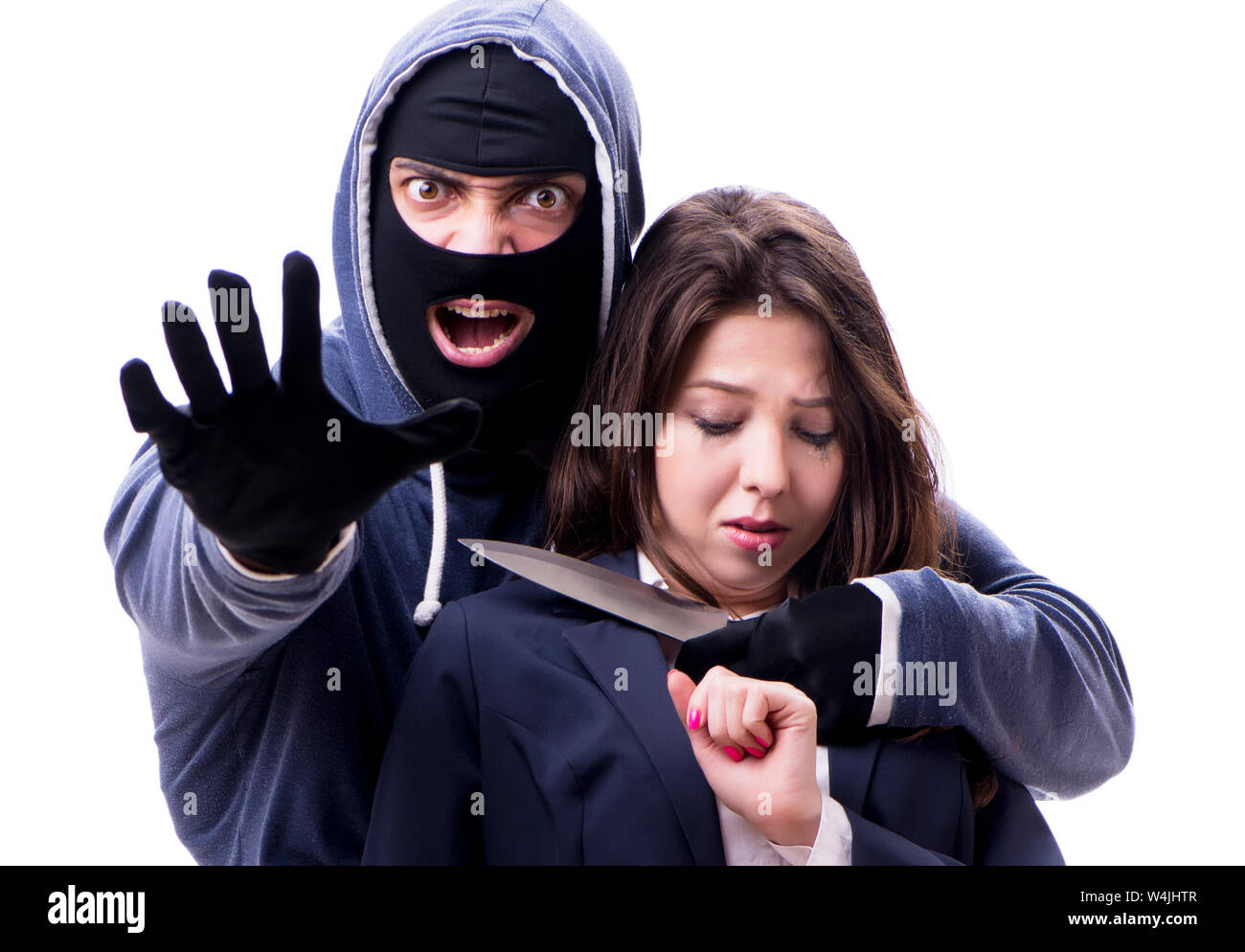 Woman being attacked isolated on white Stock Photo