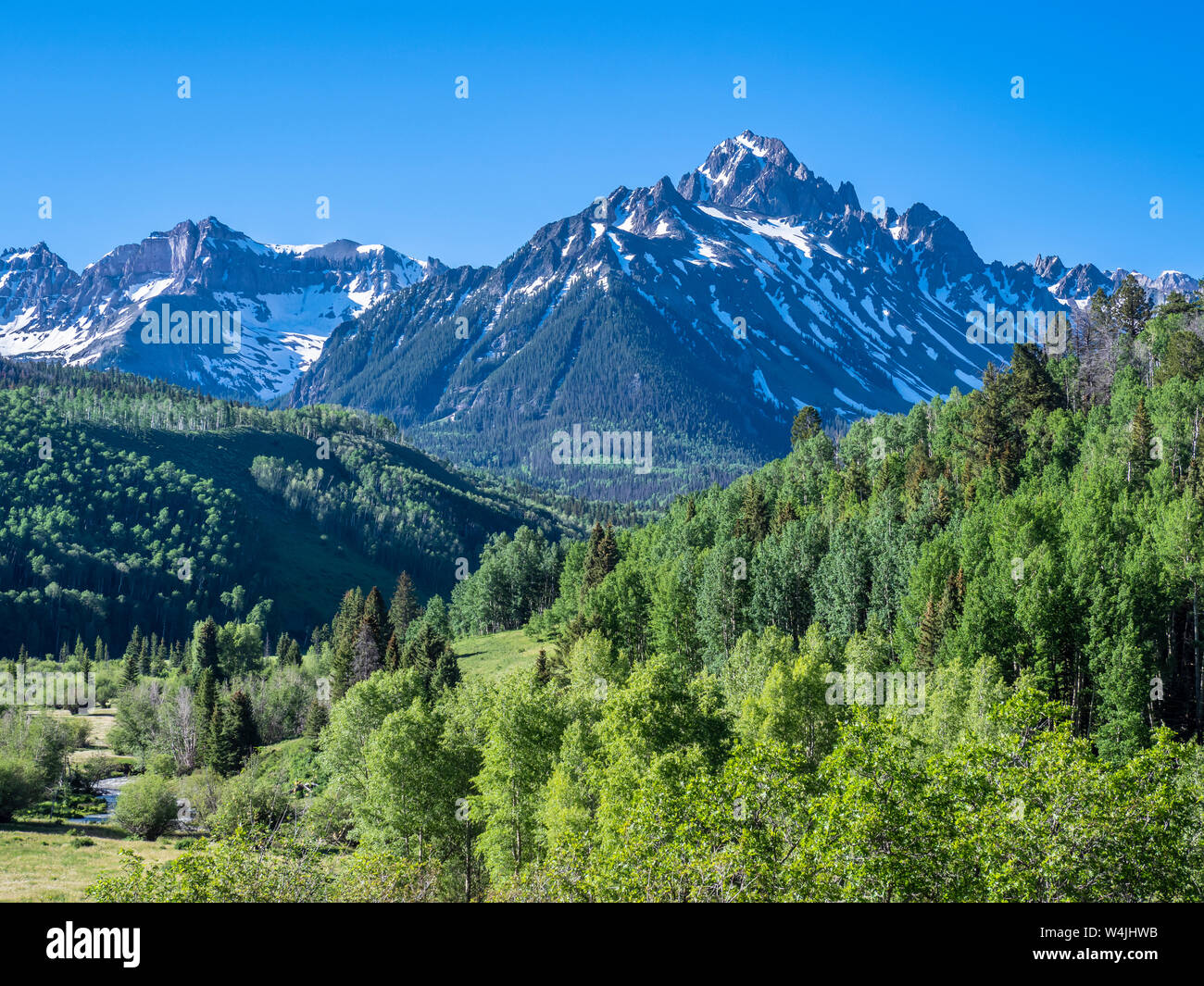 Mt. Sneffels from Dallas Creek Road, County Road 7, San Juan Mountains near Ridgway, Colorado. Stock Photo