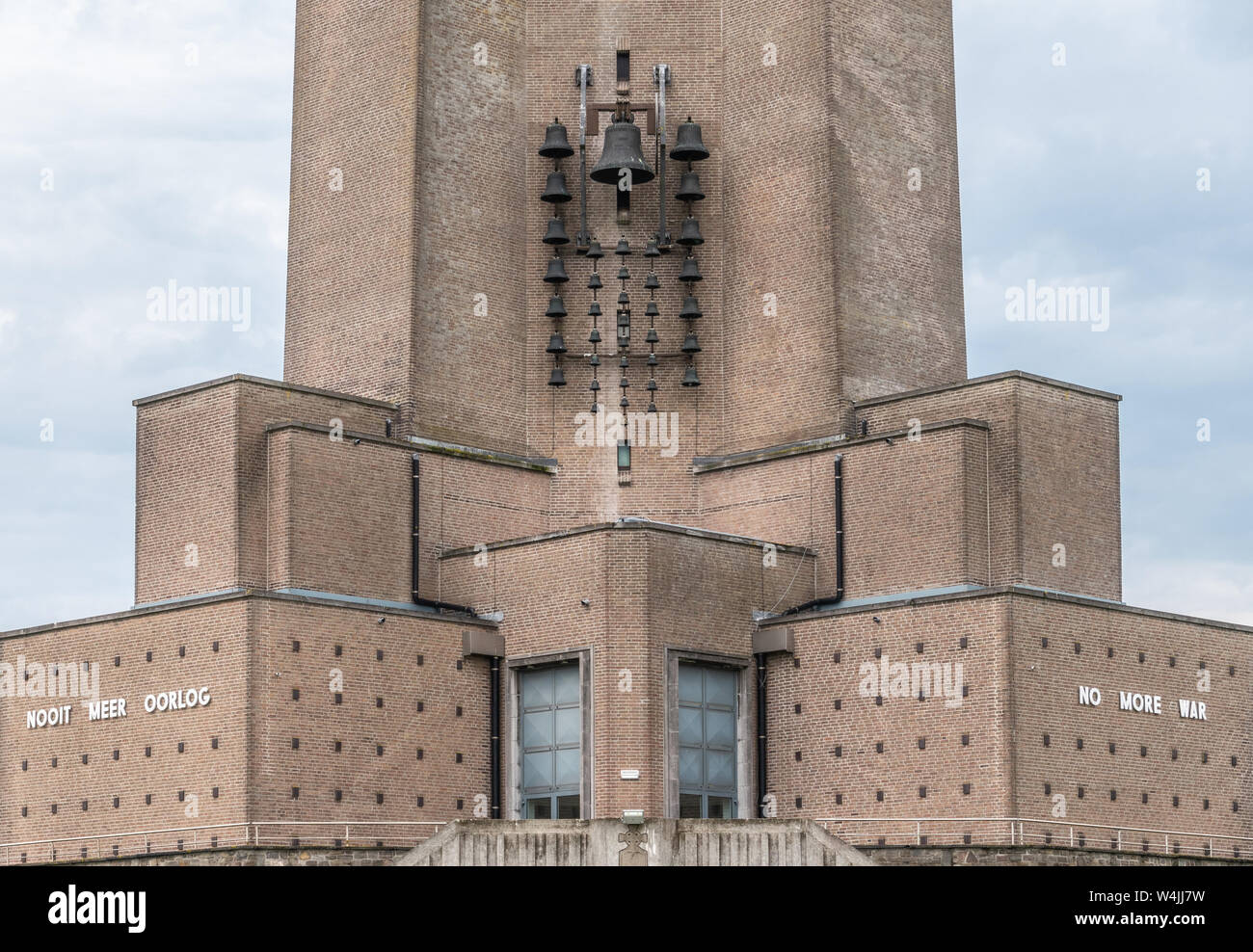 Diksmuide, Flanders, Belgium -  June 19, 2019: Foot of medestal of IJzertoren, tallest peace monument of WW 1. Text read No More War in Dutch and Engl Stock Photo