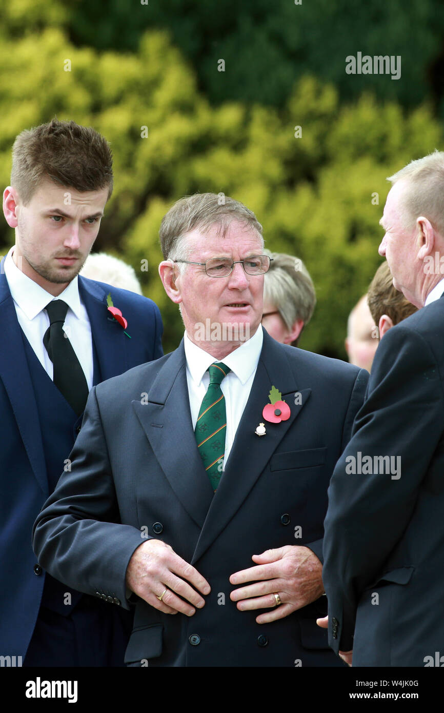 Joe Frazer (c) arrives for the funeral service of his brother Willie Frazer at Five Mile Hill Full Gospel Fellowship Church on the Maytown Road, County Armagh, Monday July 1st, 2019. (Photo by Paul McErlane for the Belfast Telegraph) Stock Photo