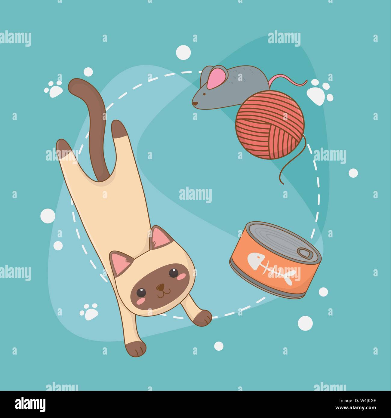 cute little cat mascot with tuna can and wool roll vector illustration